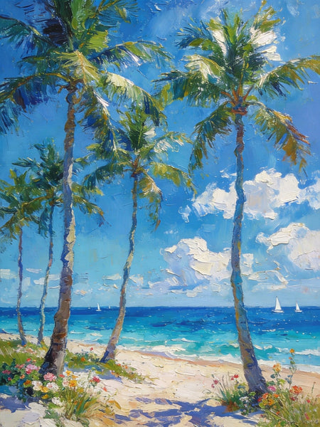 Beachside Haven, Palm Tree Seashore Paintings, Original Landscape Paintings, Canvas Paintings for Dining Room, Heavy Texture Artwork, Small Oil Paintings, Hand Painted Canvas Art