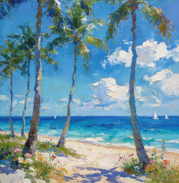 Beachside Haven, Palm Tree Seashore Paintings, Original Landscape Paintings, Canvas Paintings for Dining Room, Heavy Texture Artwork, Small Oil Paintings, Hand Painted Canvas Art