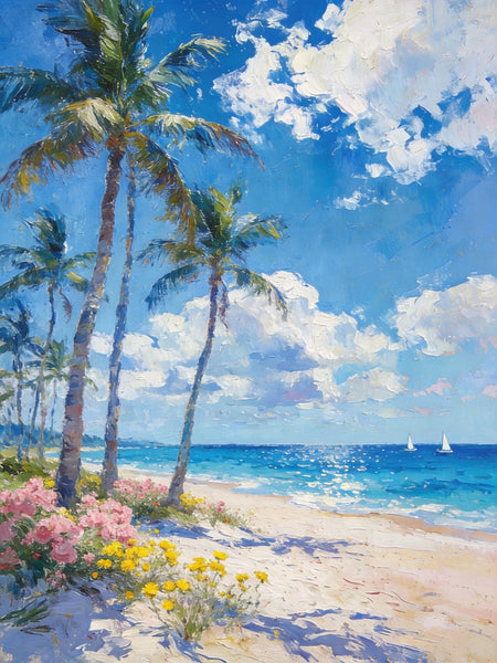 Original Landscape Paintings, Palm Fringed Beach, Summer Resort, Beach Paintings, Small Oil Paintings, Hand Painted Canvas Art, Buy Paintings Online, Canvas Paintings for Bedroom-artworkcanvas