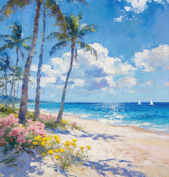 Original Landscape Paintings, Palm Fringed Beach, Summer Resort, Beach Paintings, Small Oil Paintings, Hand Painted Canvas Art, Buy Paintings Online, Canvas Paintings for Bedroom-artworkcanvas