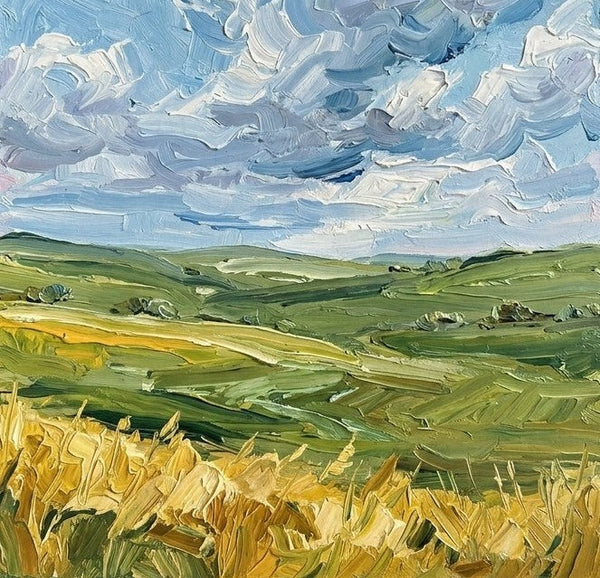 Original Landscape Paintings, Rolling Clouds Over Golden Wheat, Impasto Heavy Texture Art, Small Canvas Wall Art Paintings, Hand Painted Canvas Art