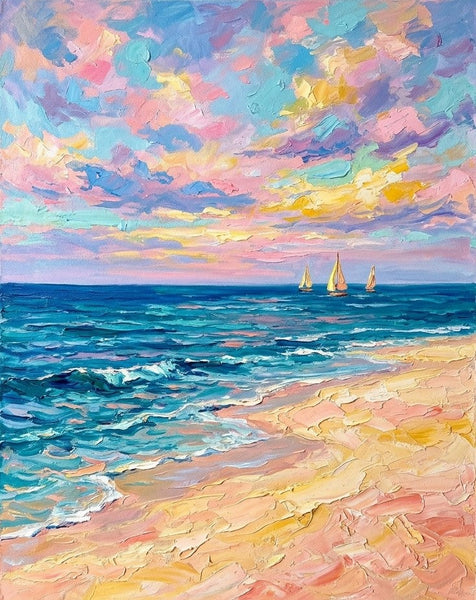 Sail Boat Seashore Painting, Impasto Dreamy Coastal Dusk, Small Canvas Artwork for Sale, Original Seascape Paintings, Original Oil Paintings