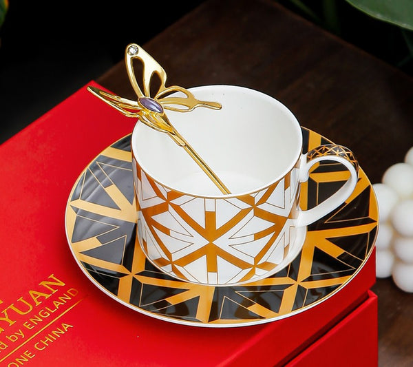 Modern Coffee Cup and Saucer, 8 oz Ceramic Cups, Creative Porcelain Tea Cup Saucer Set, Beautiful British Tea Cups-artworkcanvas