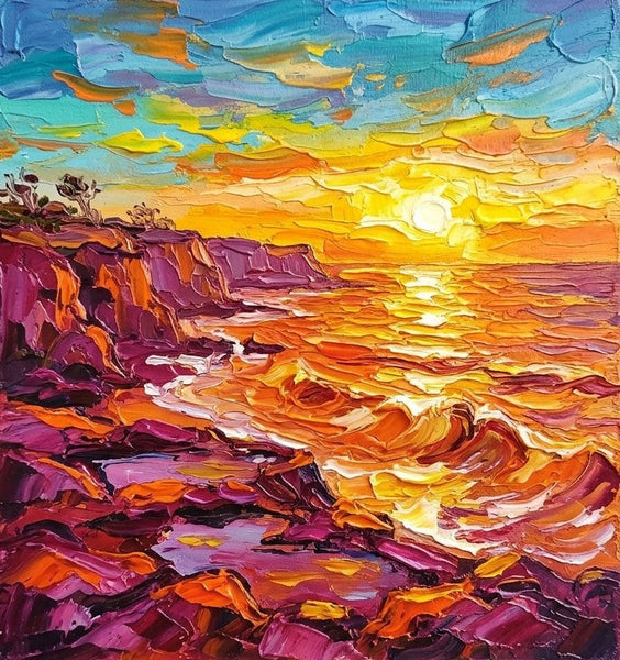 Original Painting for Sale, Waves Soaking the Golden Sun, Hand Painted Canvas Art, Heavy Texture Paintings, Original Seascape Paintings