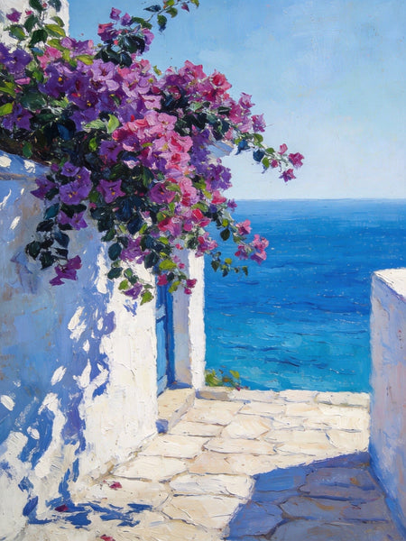 Blooming Purple Bougainvillea and the Azure Mediterranean, Original Landscape Paintings, Hand Painted Canvas Art, Small Canvas Wall Art Paintings, Original Oil Paintings