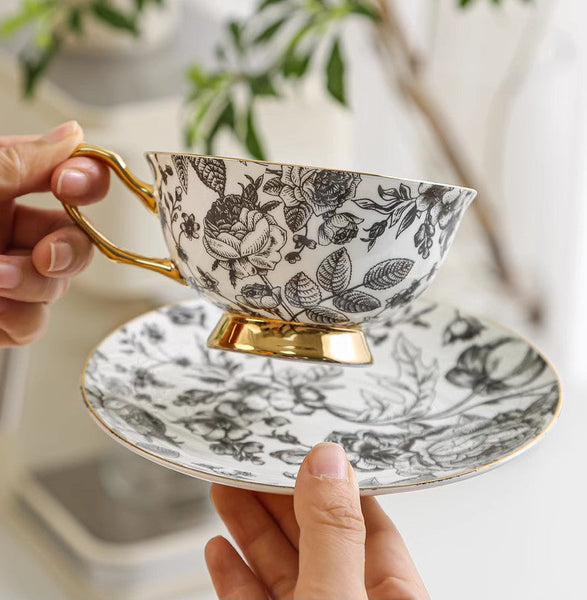 Elegant Flower Ceramic Cups, Unique Royal Coffee Cup and Saucer, Creative Porcelain Tea Cup Saucer Set, Beautiful British Tea Cups-artworkcanvas