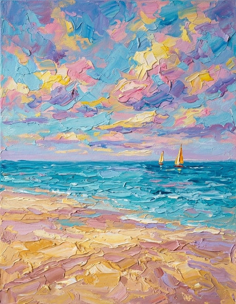 Original Landscape Paintings, Two Golden Sailboats in Dreamy Seaview, Heavy Texture Paintings, Hand Painted Canvas Art, Original Oil Paintings