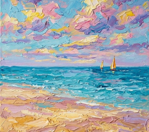 Original Landscape Paintings, Two Golden Sailboats in Dreamy Seaview, Heavy Texture Paintings, Hand Painted Canvas Art, Original Oil Paintings