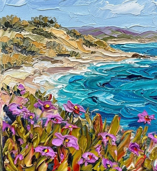Hand Painted Canvas Art, Sandy Shore Under Blue Sky, Heavy Texture Paintings, Original Seascape Paintings, Miniature Canvas Art, Original Oil Painting for Sale