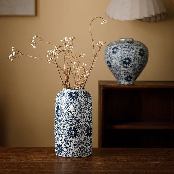 Vintage Bouquet Flower Vases, Centerpiece on Dining Table, Large Blue Flower Vase on Table, Handmade Porcelain Flower Vases Urn, Water Holding Flower Vases-artworkcanvas