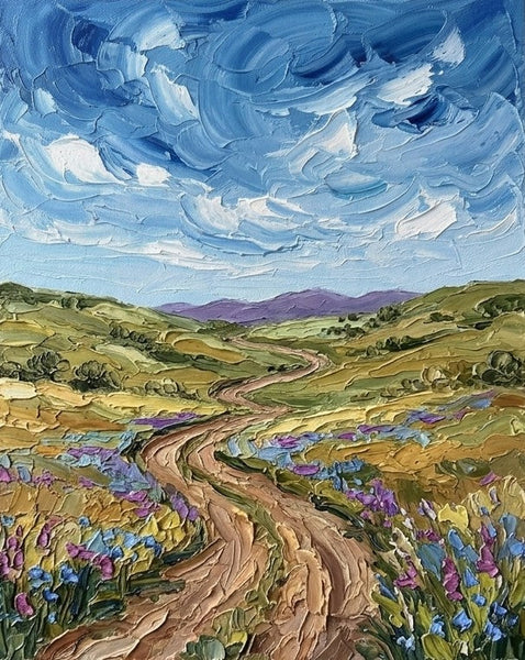 Winding Path Under Cloudy Sky, Original Oil Paintings for Sale, Original Landscape Paintings, Buy Small Paintings Online
