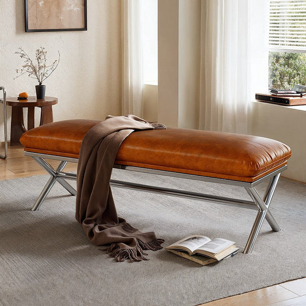 Upholstered Shoe Bench, Contemporay Bedroom Bench, Luxury Genuine Leather Entry Bench, Narrow Entryway Bench, Modern Shoe Changing Ottoman, Mid-Century Hall Bench-artworkcanvas