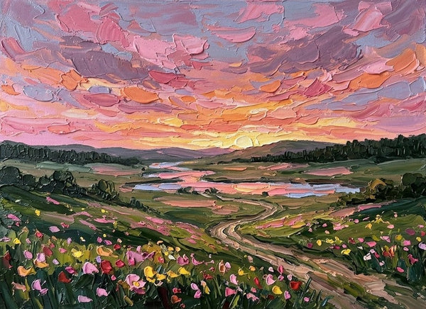 Hand Painted Canvas Art, Sunset Over the Wildflower Vallery, Original Oil Paintings for Sale, Original Landscape Paintings, Buy Small Paintings Online, Small Canvas Artwork