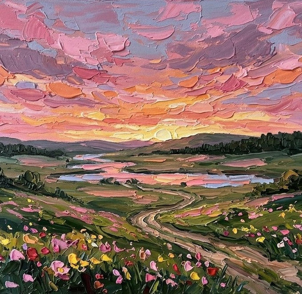 Hand Painted Canvas Art, Sunset Over the Wildflower Vallery, Original Oil Paintings for Sale, Original Landscape Paintings, Buy Small Paintings Online, Small Canvas Artwork