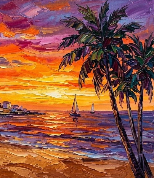 Buy Small Paintings Online, Tropical Sunset Sails on the Coast, Hand Painted Canvas Art, Original Seashore Paintings