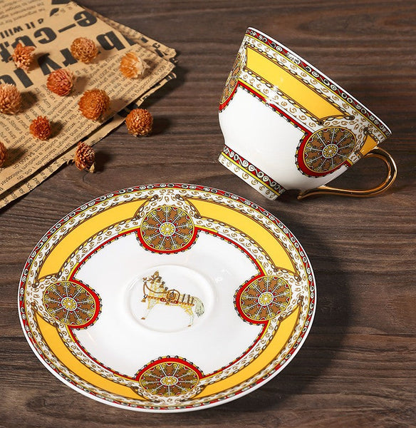 Handmade Beautiful British Tea Cups, Creative Porcelain Tea Cup Saucer Set, Yellow Royal Ceramic Coffee Cups, 6.8 oz Tea Cup and Saucer-artworkcanvas