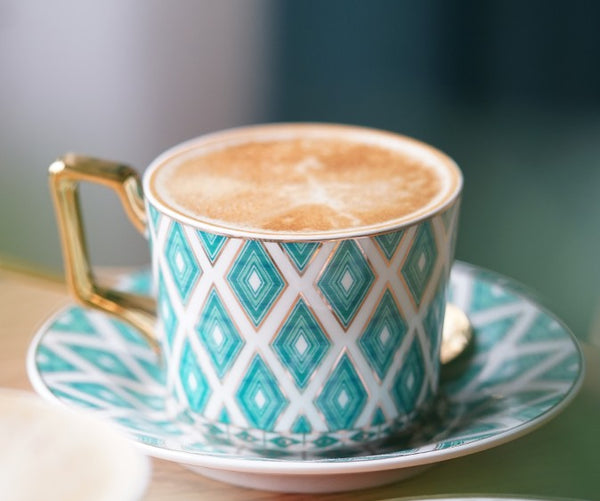 Afternoon Green British Tea Cups, Unique Ceramic Coffee Cups, Creative Porcelain Tea Cup Saucer Set, Traditional English Tea Cup and Saucer-artworkcanvas