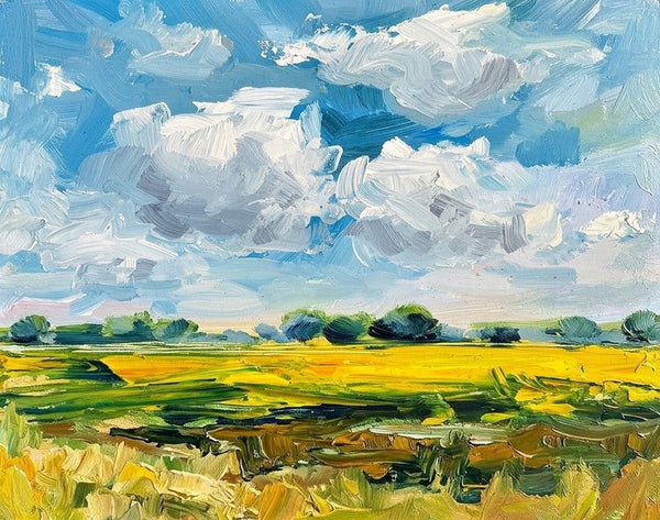 Golden Crops Under the Billowing Blue Sky, Original Landscape Paintings, Original Artwork for Sale, Hand Painted Canvas Art, Impasto Heavy Texture Art