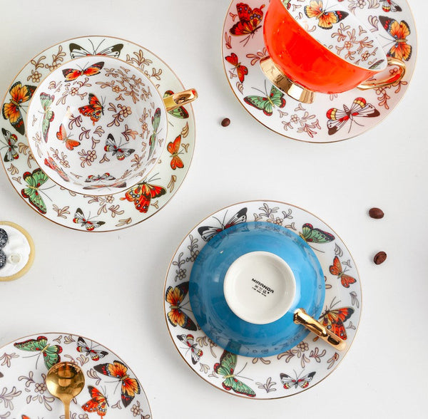 Creative Butterfly Ceramic Coffee Cups, Unique Butterfly Coffee Cups and Saucers, Beautiful British Tea Cups, Creative Bone China Porcelain Tea Cup Set-artworkcanvas
