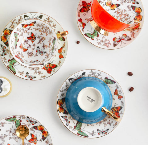 Creative Butterfly Ceramic Coffee Cups, Unique Butterfly Coffee Cups and Saucers, Beautiful British Tea Cups, Creative Bone China Porcelain Tea Cup Set-artworkcanvas