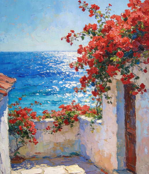 Hand Painted Canvas Art, Crimson Blooms and Azure Mediterranean, Original Landscape Paintings, Small Canvas Wall Art Paintings