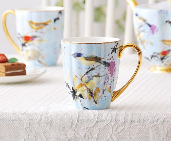 Large Creative Porcelain Mug, Elegant Blue Ceramic Coffee Mug, Beautiful Bird Flower Ceramic Mug, Large Capacity Ceramic Mugs for Office-artworkcanvas
