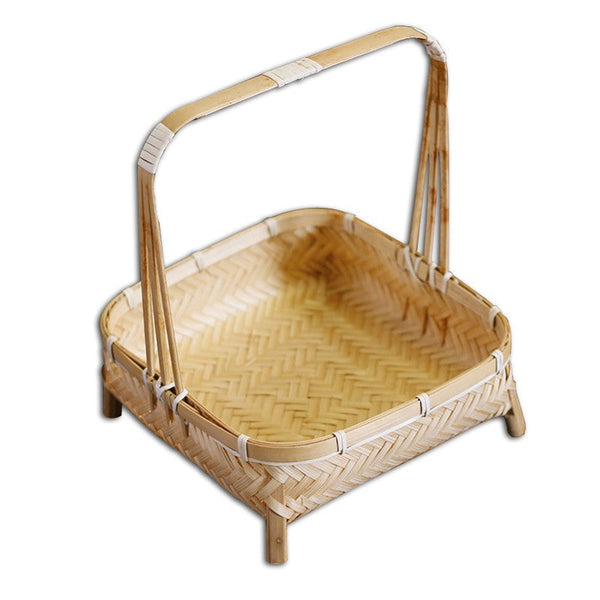 Lovely Cute Picnic Hand basket, Hand-woven Basket with Handle, Bamboo Basket for Food, Natural Fruit Basket, Kitchen Storage Baskets-artworkcanvas