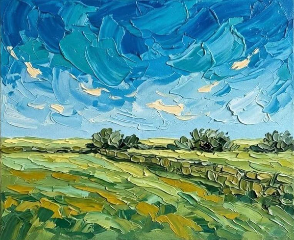 Original Landscape Paintings, Rural Prairie Under Turbulent Clouds, Original Oil Paintings, Heavy Texture Paintings, Hand Painted Canvas Art