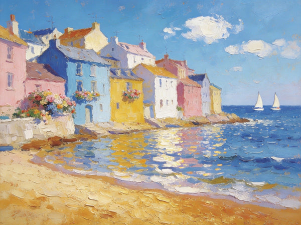 Landscape Canvas Paintings, Ocean Front Town Allure, Seashore Beach Paintings, Small Landscape Paintings on Canvas, Palette Knife Oil Paintings, Hand Painted Canvas Art, Original Oil Paintings-artworkcanvas