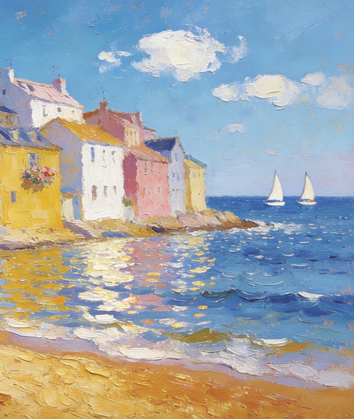 Landscape Canvas Paintings, Ocean Front Town Allure, Seashore Beach Paintings, Small Landscape Paintings on Canvas, Palette Knife Oil Paintings, Hand Painted Canvas Art, Original Oil Paintings-artworkcanvas