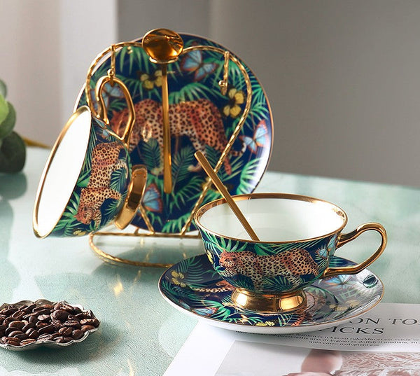 Creative Leopard Ceramic Coffee Cups, 6.8 oz Tea Cup and Saucer in Gift Box as Birthday Gift, Beautiful British Tea Cups, Creative Porcelain Tea Cup Set-artworkcanvas