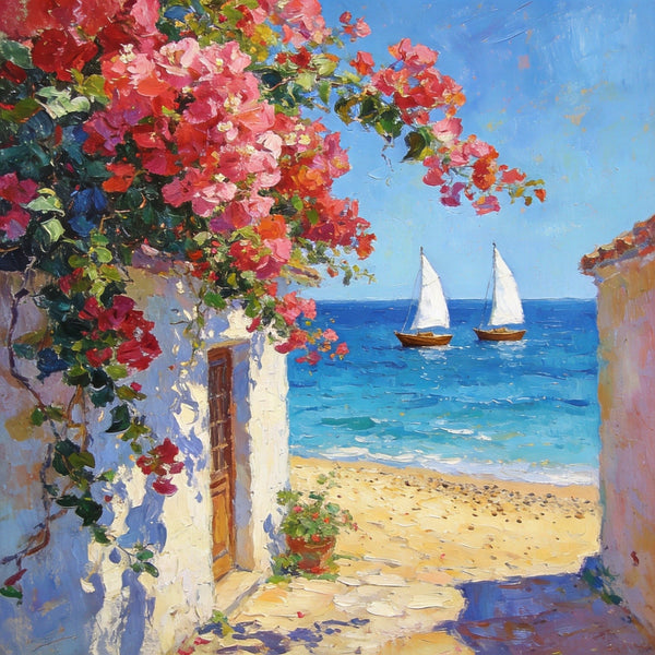 Hand Painted Canvas Art, Blooming Bougainvillea and the Azure Mediterranean, Seashore Beach Paintings, Original Oil Paintings, Buy Small Artwork Online