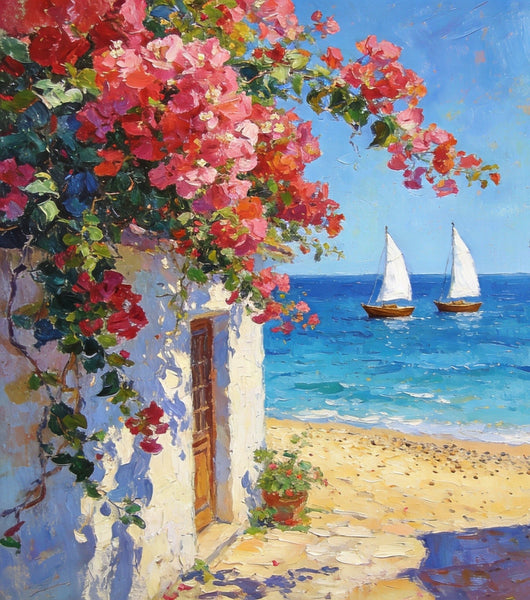 Hand Painted Canvas Art, Blooming Bougainvillea and the Azure Mediterranean, Seashore Beach Paintings, Original Oil Paintings, Buy Small Artwork Online