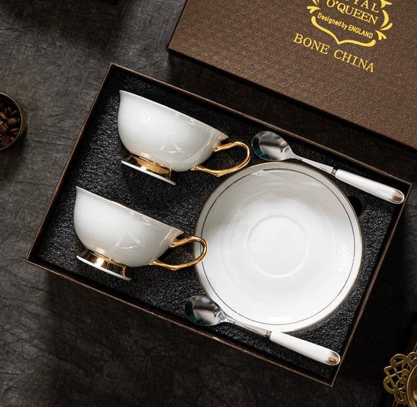 Porcelain Tea Cup Saucer Set, White Ceramic Cups, 7.8 oz British Ceramic Coffee Cups, Unique Tea Cup and Saucer in Gift Box-artworkcanvas