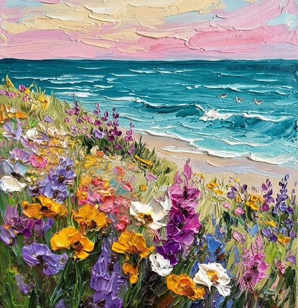 Small Canvas Artwork for Sale, Flower Tide by the Seashore, Seashore Beach Painting, Original Seascape Paintings, Original Oil Paintings