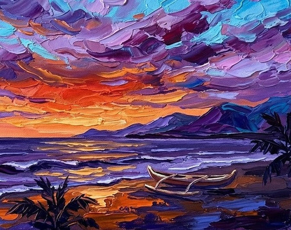 Ocean Sunset, Seashore Beach Painting, Original Seascape Paintings, Impasto Heavy Texture Art, Hand Painted Canvas Art, Small Canvas Artwork