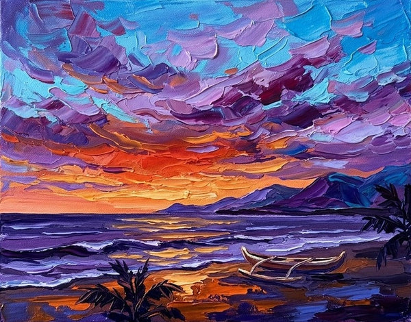 Ocean Sunset, Seashore Beach Painting, Original Seascape Paintings, Impasto Heavy Texture Art, Hand Painted Canvas Art, Small Canvas Artwork