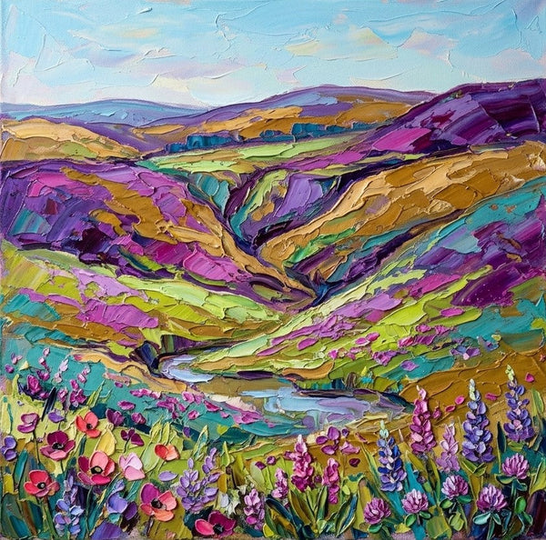 Wild Blooms in teh Purple Valley, Hand Painted Canvas Art, Heavy Texture Paintings, Original Landscape Paintings, Miniature Canvas Art