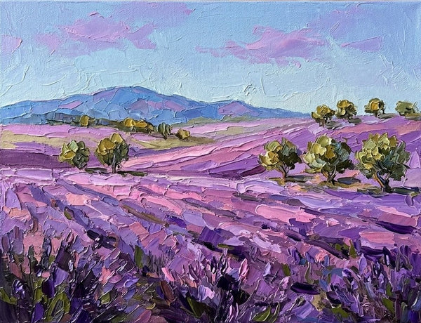 Impasto Paintings, Summer Lavender Hills Under Soft Sky, Heavy Texture Art, Original Landscape Paintings, Small Canvas Wall Art Paintings