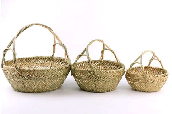 Large Picnic Food Basket with Handle, Natural Hand-woven Bamboo Basket, Lovely Bamboo Baskets for Vegetable, Natural Fruit Basket Kitchen Storage Baskets-artworkcanvas