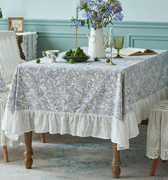 Cotton Rectangle Tablecloth for Dining Room Table, Natural Spring Farmhouse Table Cloth, Blue Flower Pattern Cotton Tablecloth, Square Tablecloth for Round Table-artworkcanvas