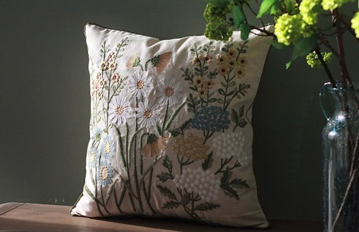 Farmhouse Flower Embroidered Throw Pillow Covers For Sofa Couch Decorative Cotton Linen Rustic Home