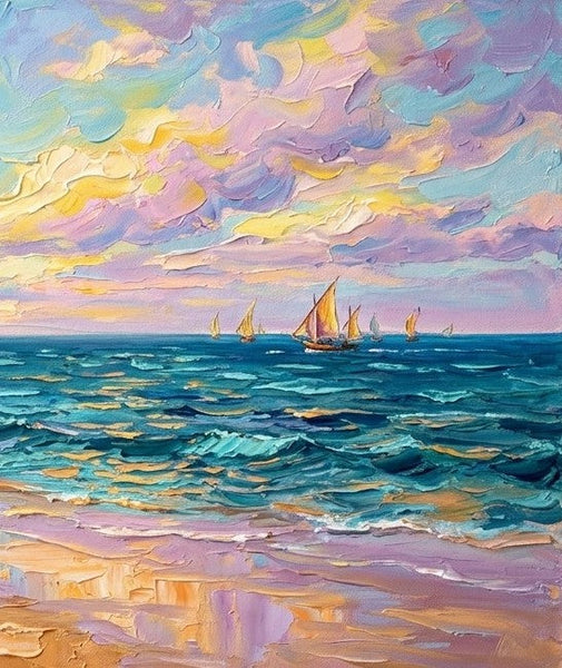 Original Landscape Paintings, Heavy Texture Paintings, Sails in the Sunset Glow on the Sea, Hand Painted Canvas Art, Small Canvas Artwork