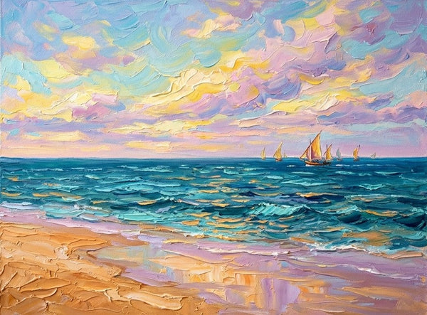 Original Landscape Paintings, Heavy Texture Paintings, Sails in the Sunset Glow on the Sea, Hand Painted Canvas Art, Small Canvas Artwork