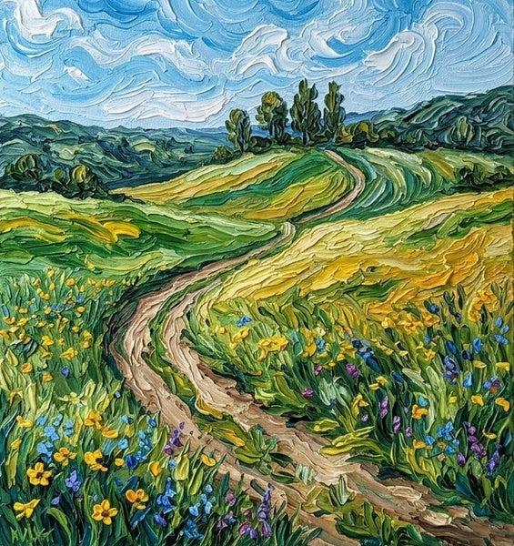 Original Landscape Paintings, Swirling Sky Over Wildflower Path, Original Oil Paintings, Heavy Texture Paintings, Hand Painted Canvas Art, Small Canvas Artwork