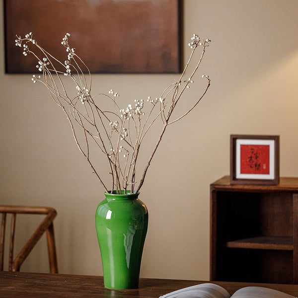 Handmade Water Holding Flower Vase, Centerpiece Ceramic Bud Vases, Green Porcelain Flower Vases, Vintage Flower Vases on Table-artworkcanvas