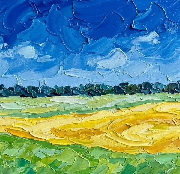 Wheat Field under Deep Blue Sky, Small Canvas Wall Art Paintings, Original Landscape Paintings, Buy Original Artwork Online, Hand Painted Canvas Art, Impasto Heavy Texture Art
