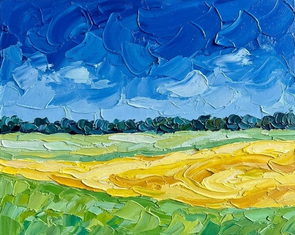 Wheat Field under Deep Blue Sky, Small Canvas Wall Art Paintings, Original Landscape Paintings, Buy Original Artwork Online, Hand Painted Canvas Art, Impasto Heavy Texture Art
