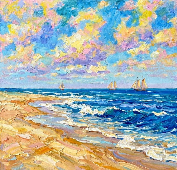 Hand Painted Canvas Art, Bright Blue Ocean with Distant Sails, Heavy Texture Paintings, Original Seascape Paintings, Miniature Canvas Art, Original Oil Paintings