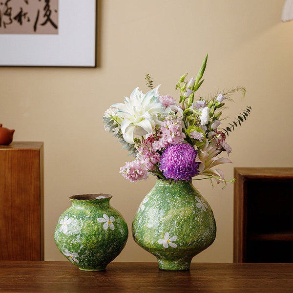 Modern Pottery Flower Vases, Centerpiece on Dining Table, Handmade Water Holding Flower Vases, Pottery Bud Vases, Large Green Flower Vases on Table-artworkcanvas